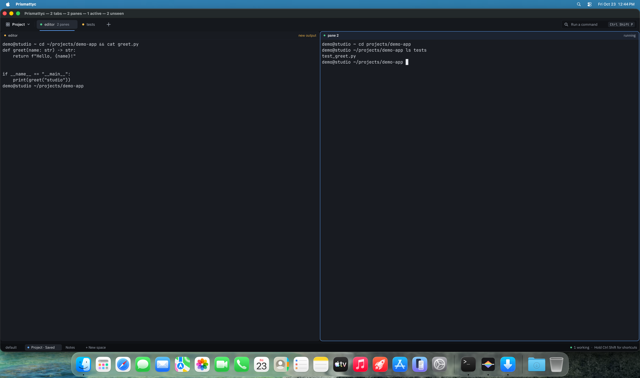 Prismattyc with Project and Notes Spaces and two side-by-side terminal panes.